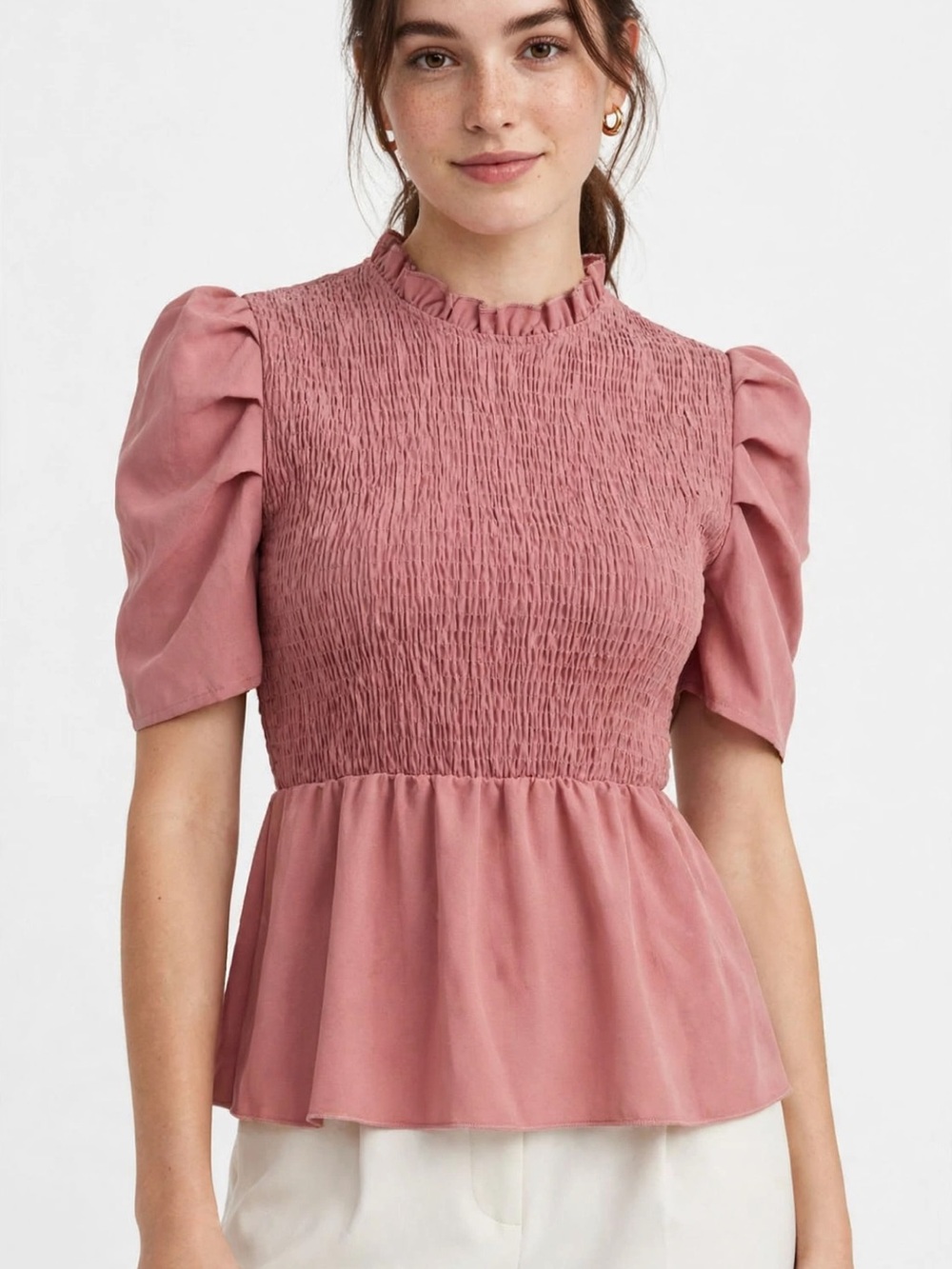SHEIN Dusty Rose Smocked Peplum Blouse with Ruffle Sleeves